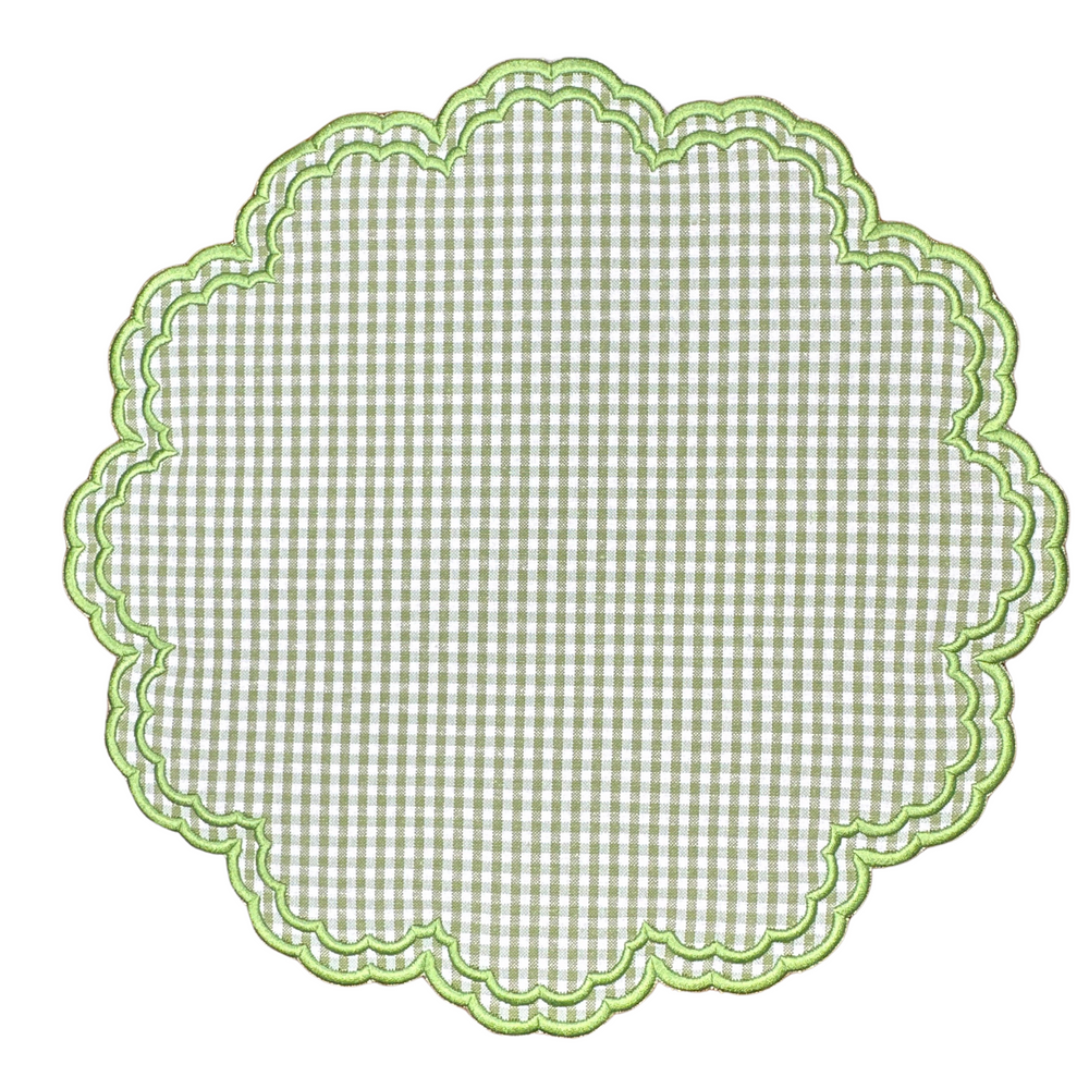 Front view of Bettina-Gingham Placemat in Green, Set of 4 showcasing scalloped edges with white embroidered trim and dots