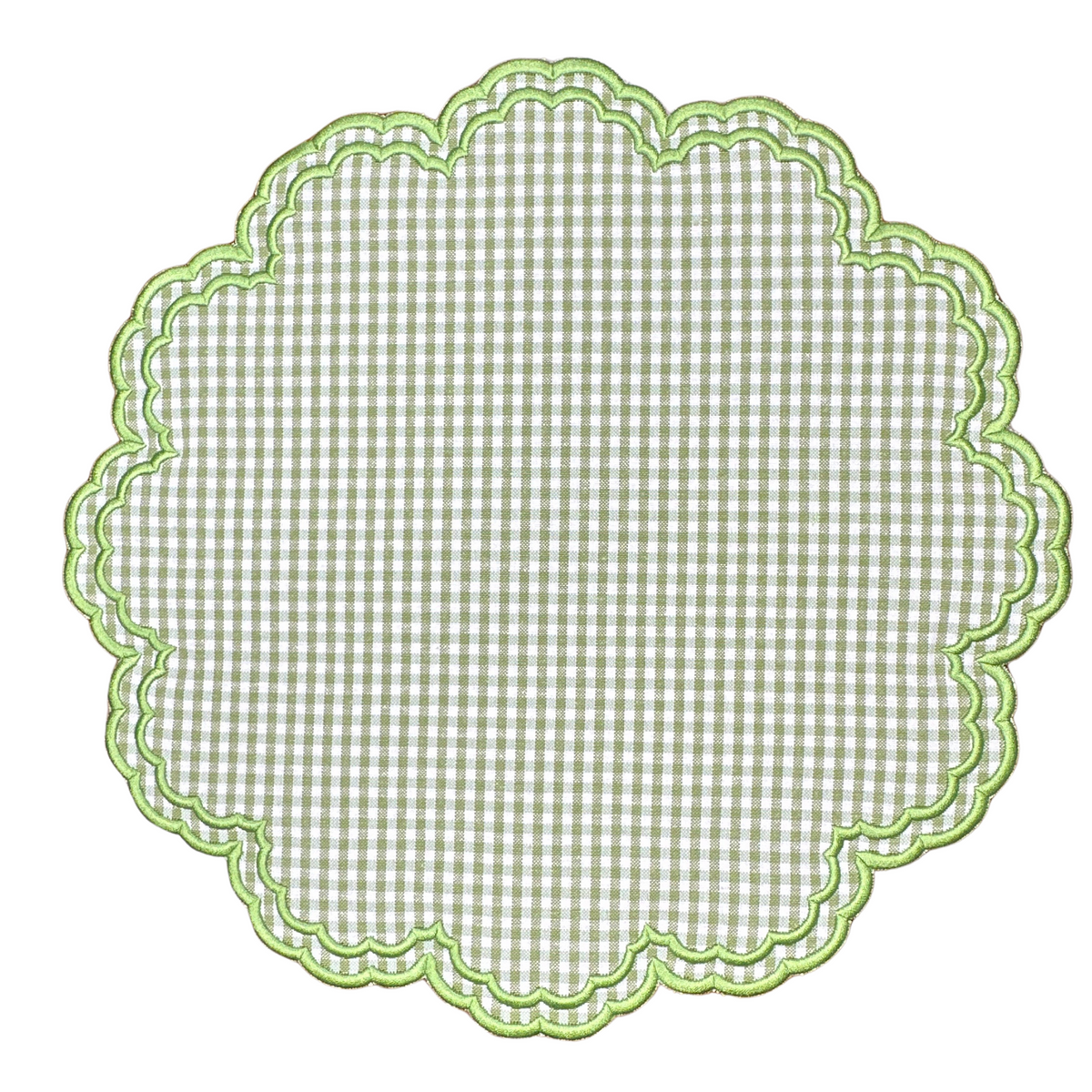Front view of Bettina-Gingham Placemat in Green, Set of 4 showcasing scalloped edges with white embroidered trim and dots
