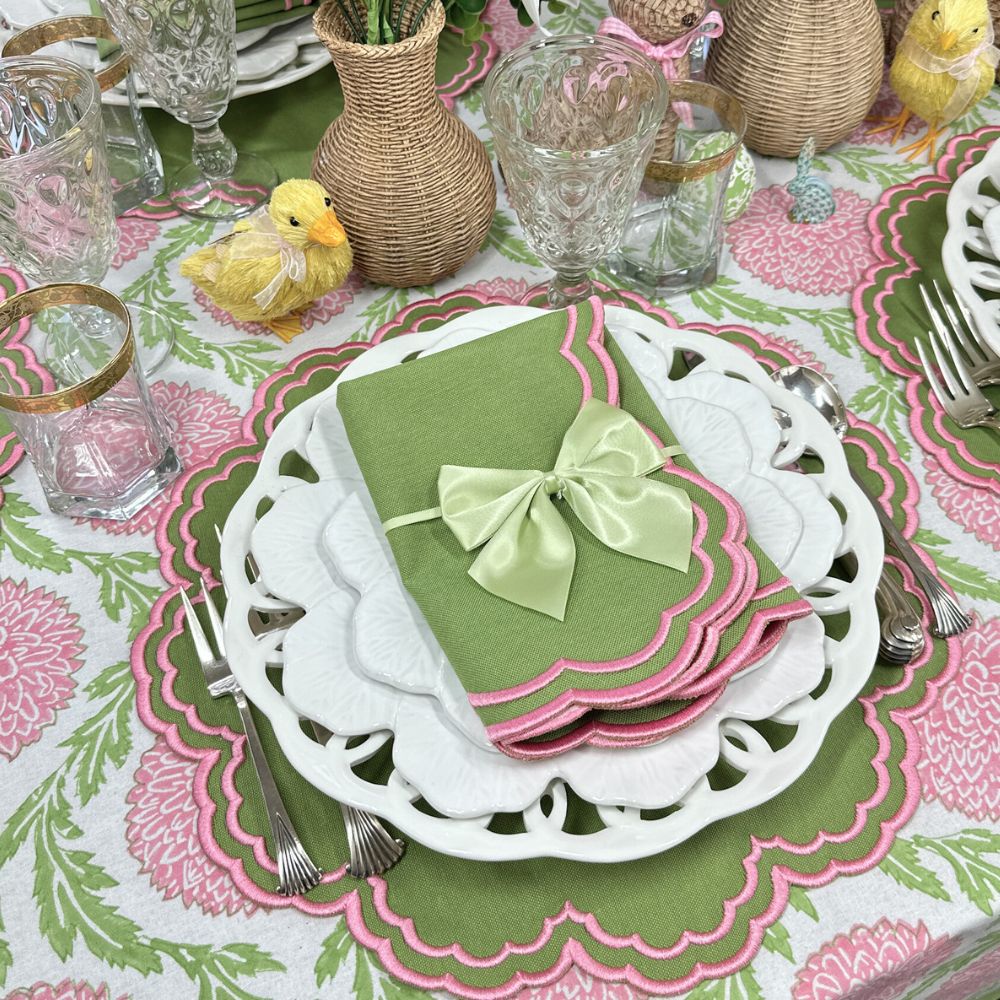 Green luxury placemat with pink embroidery on floral block print tablecloth pink and green