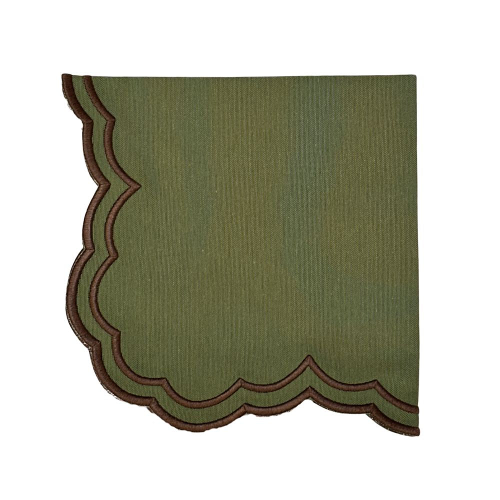 An fern green square cloth napkin with a decorative scalloped border featuring brown embroidery, shown flat against a white background.