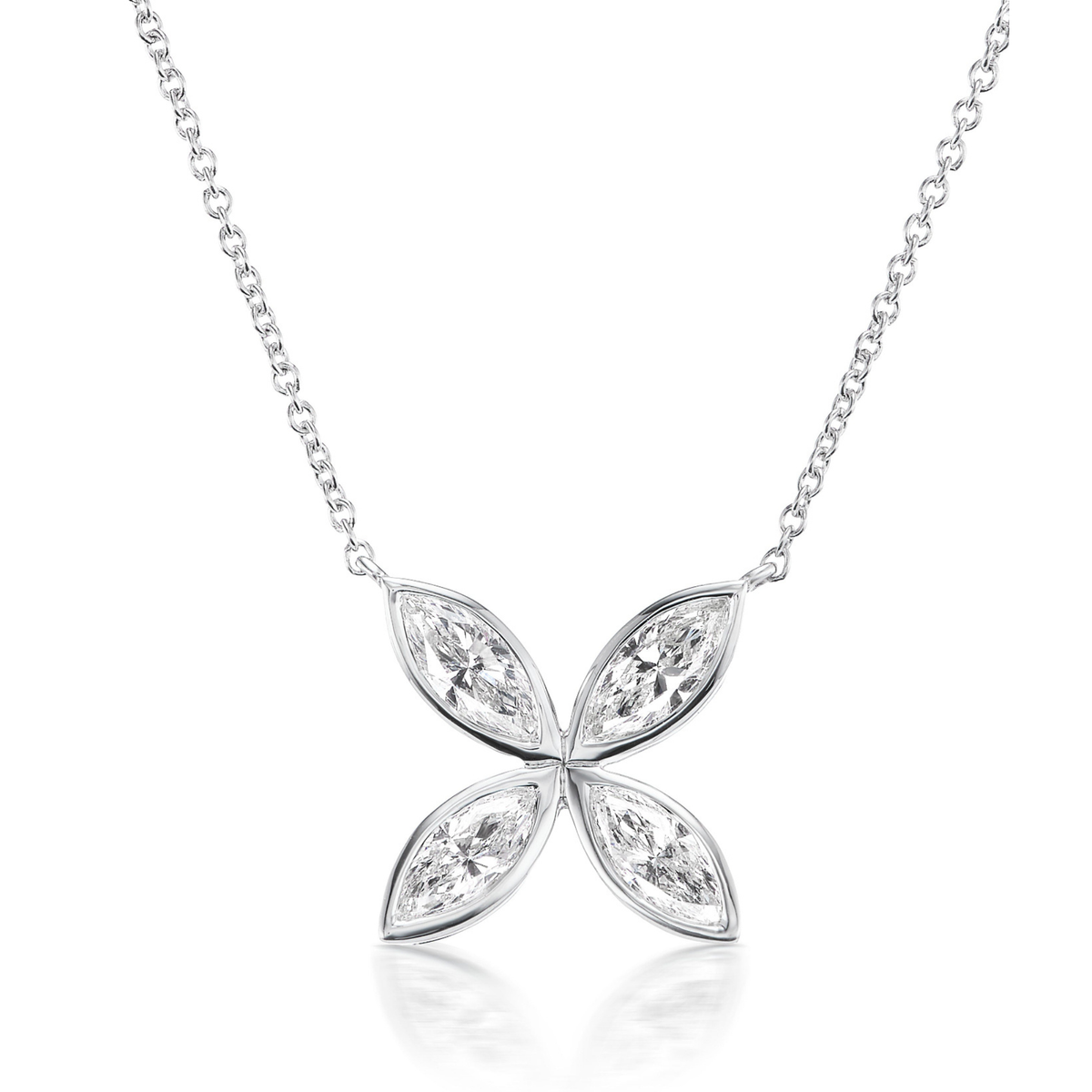 The Bezel Set Marquise Diamond Floral Pendant is a silver necklace with a four-petal flower pendant, each petal set with marquise diamonds. Displayed on a white background, the 18-inch chain ensures a perfect fit.