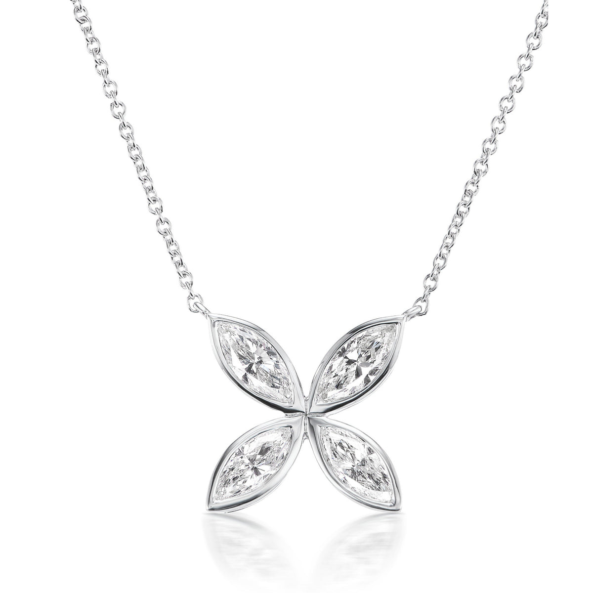 The Bezel Set Marquise Diamond Floral Pendant is a silver necklace with a four-petal flower pendant, each petal set with marquise diamonds. Displayed on a white background, the 18-inch chain ensures a perfect fit.