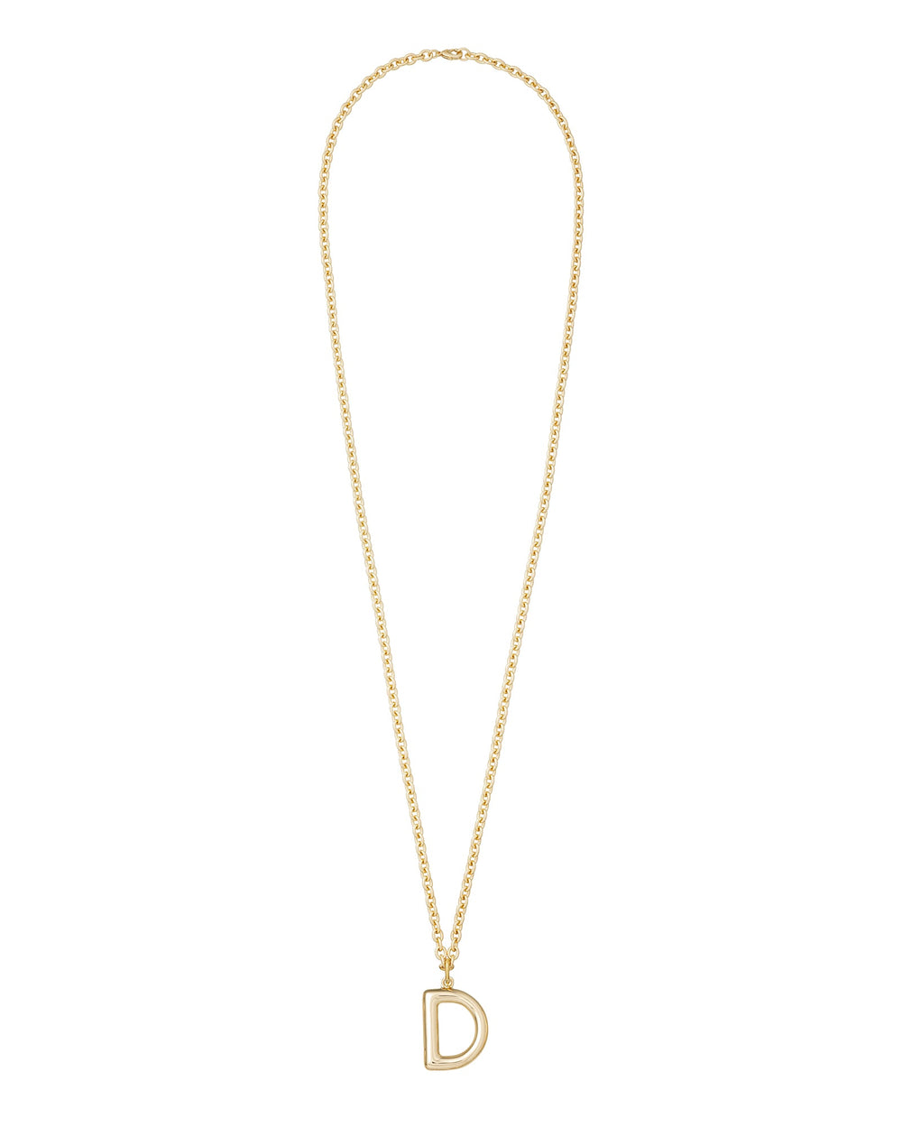 Front view of The Very Big Puffy Initial Necklace showcasing gold puffy D pendant on long chain against white background