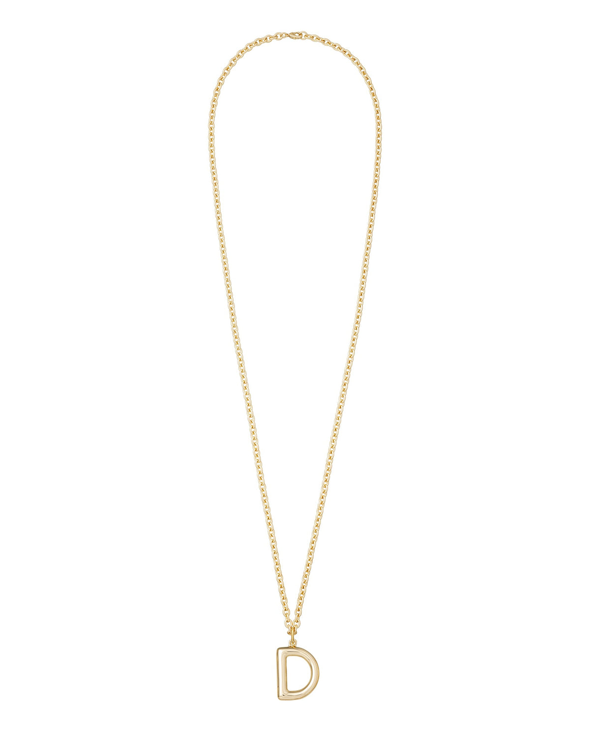 Front view of The Very Big Puffy Initial Necklace showcasing gold puffy D pendant on long chain against white background