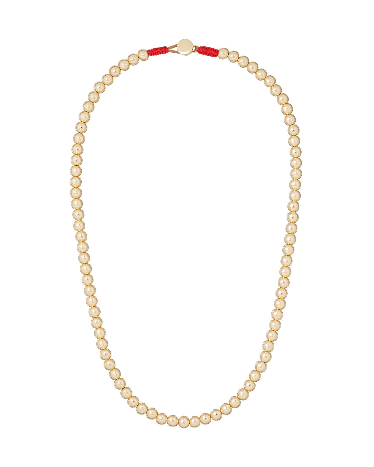 Front view of The Bigger Bead Necklace in Gold showcasing gold tone beads and button closure with a white background