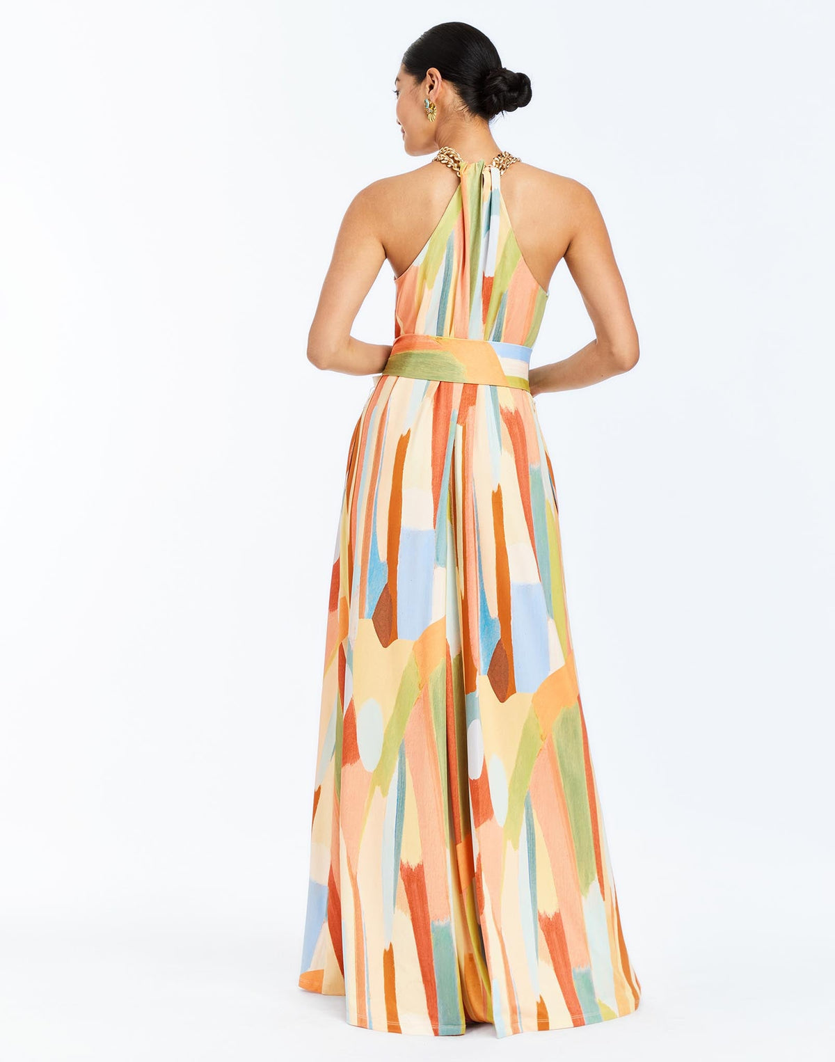 Back - Bijou Halter Gown in Fresco Tides is a chain-neck halter gown with wrap sash, gathered bodice, and sweeping jersey skirt.