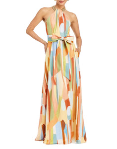 Front - Bijou Halter Gown in Fresco Tides is a chain-neck halter gown with wrap sash, gathered bodice, and sweeping jersey skirt.