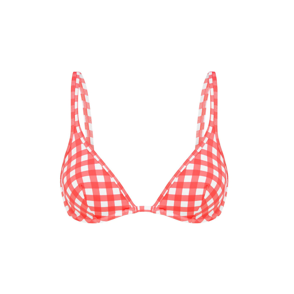 Front view of Rogue Gingham Classic Bra Bikini Top showcasing red and white gingham fabric and thin shoulder straps against a white background