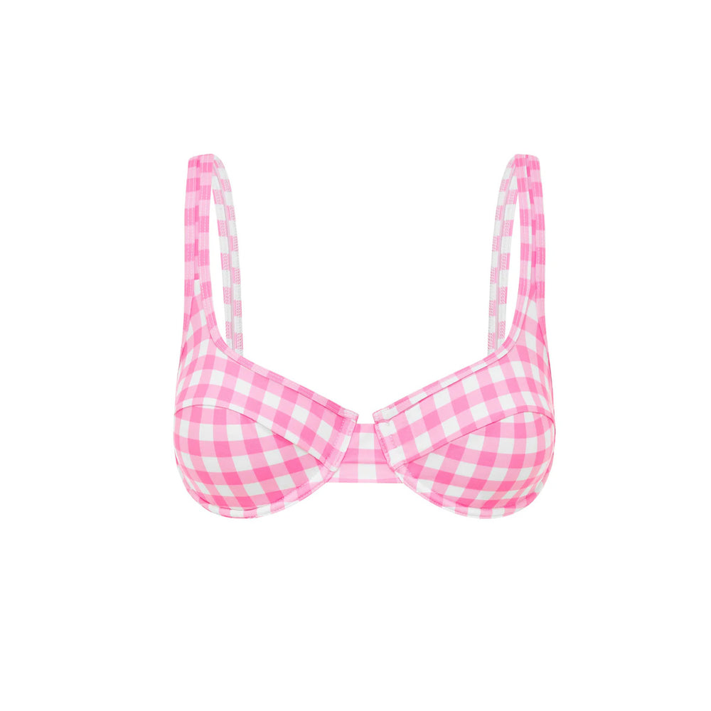Front view of Blush gingham balconette bikini top showcasing structured underwire cups and pink gingham pattern on white background