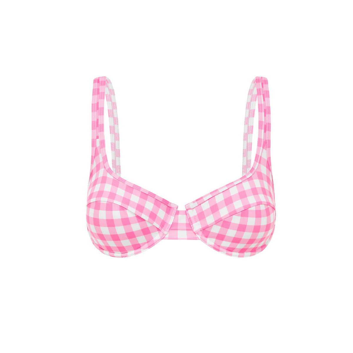 Front view of Blush gingham balconette bikini top showcasing structured underwire cups and pink gingham pattern on white background