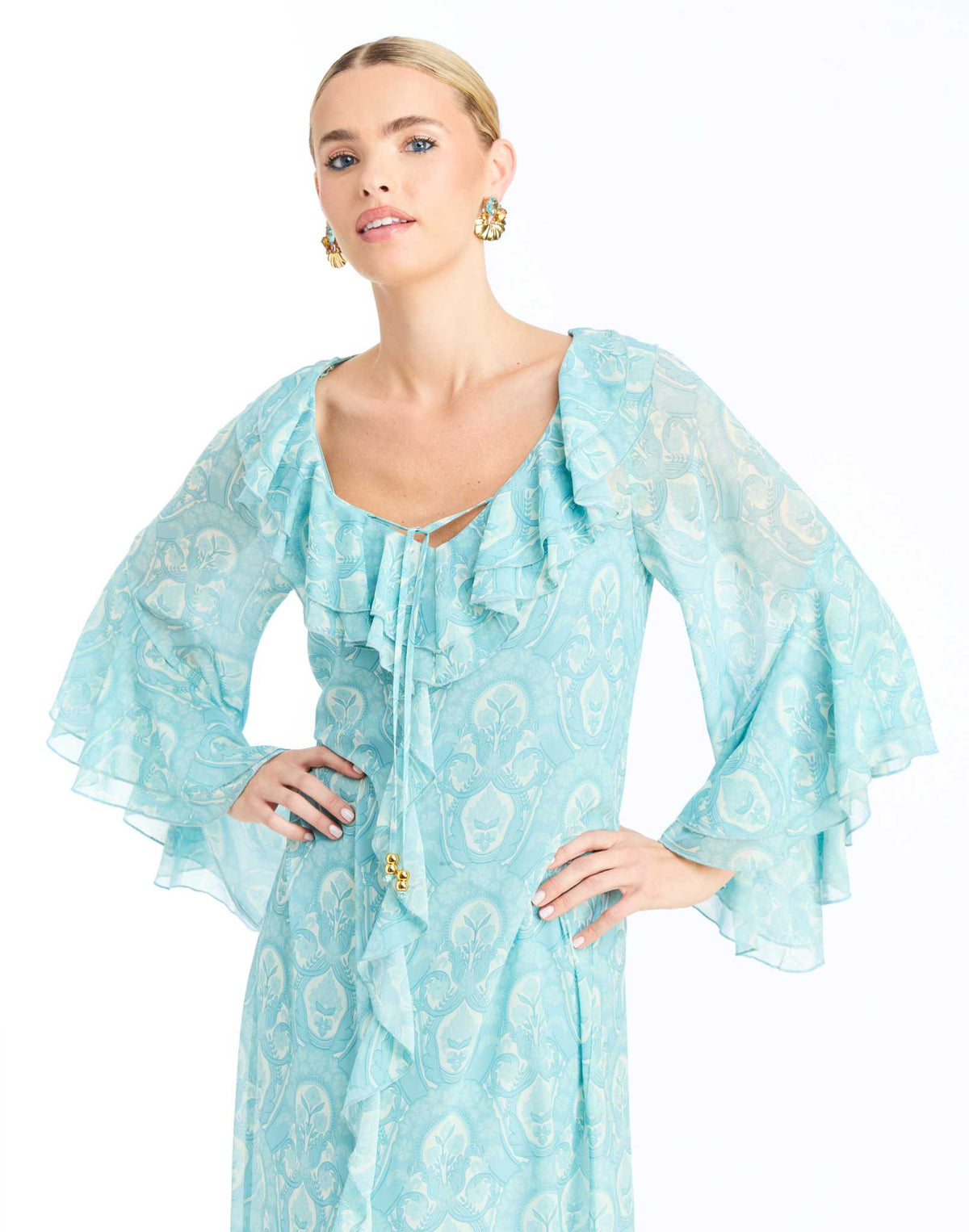 Bimini Ruffle Caftan in Trellis Aquarelle