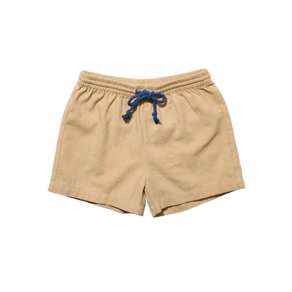 Front view of Bingo Short in Khaki showcasing blue contrast cord and piped pockets with a white background