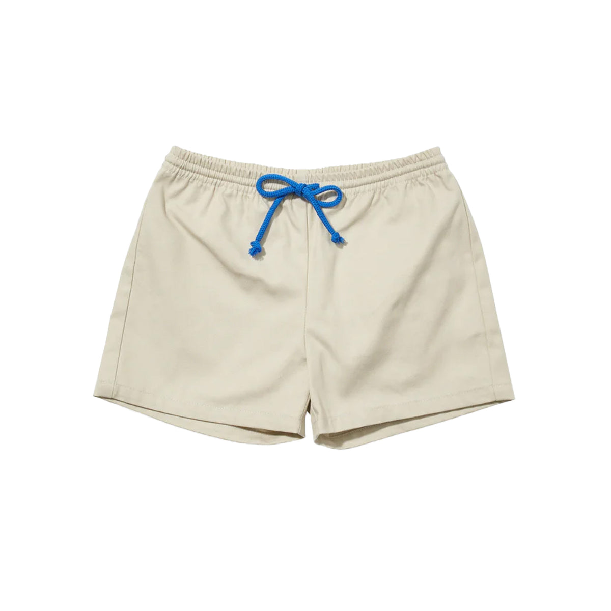 Front view of Bingo Short in Shell showcasing blue contrast drawcord and flex-fit waist with white background