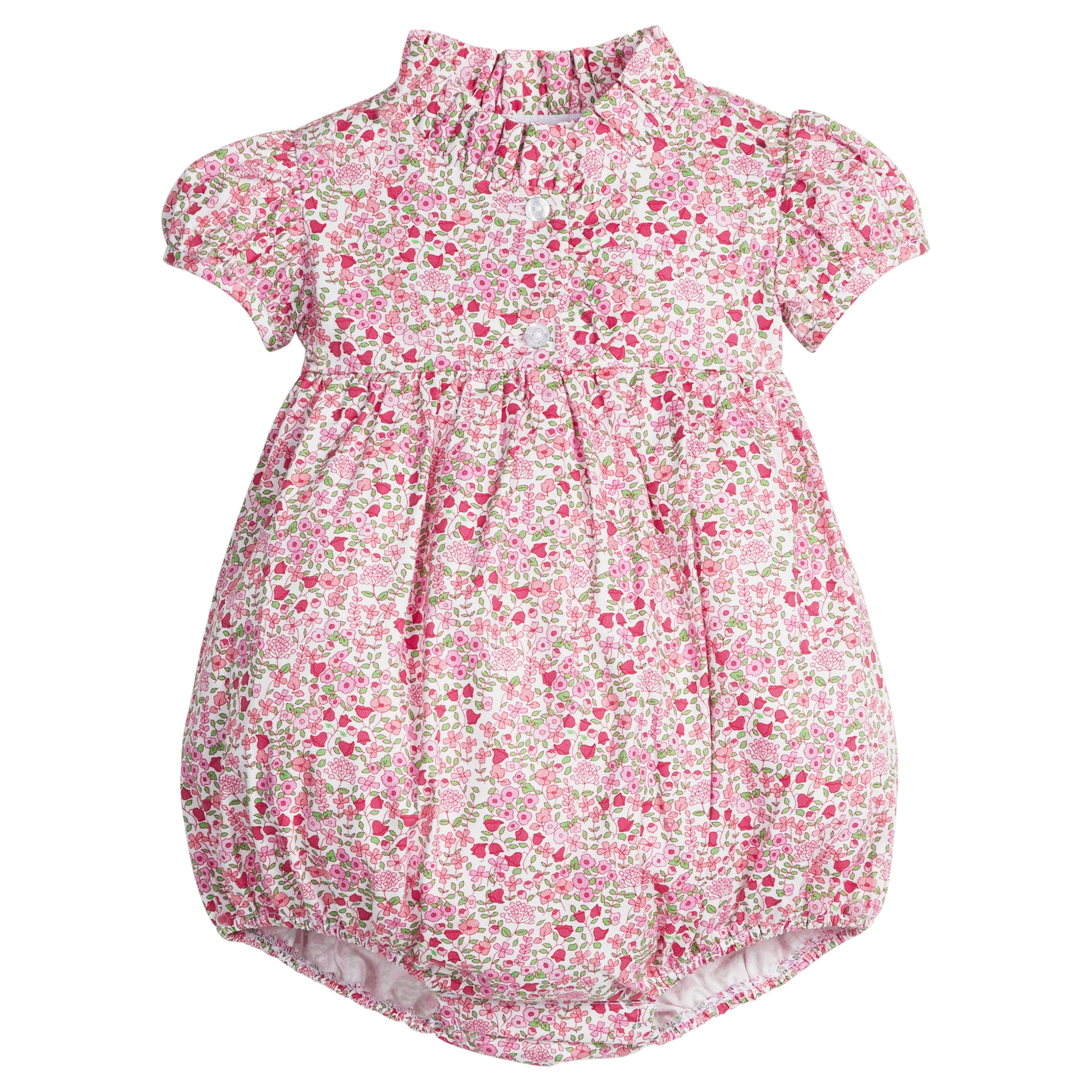 little english classic children's clothing, baby girls pink floral bubble with capped sleeves and ruffled placket for fall 