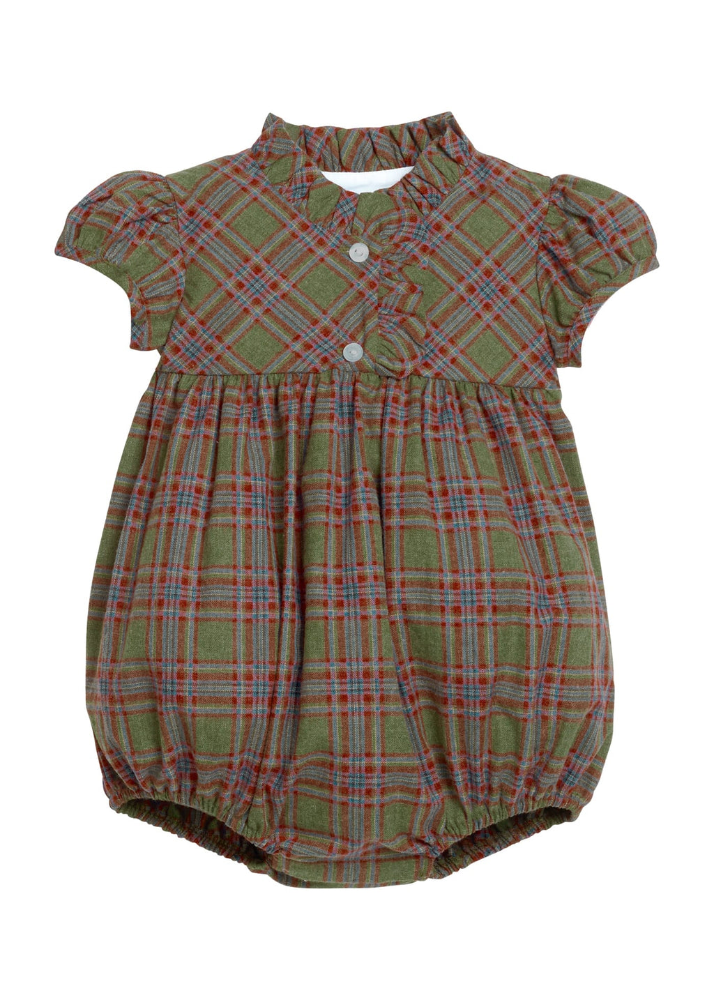 Little English traditional children's clothing.  Short sleeve olive and maroon Thornhill Plaid bubble with ruffled collar and placket for baby girls