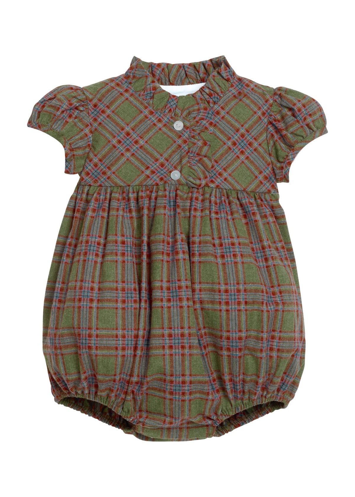 Little English traditional children's clothing.  Short sleeve olive and maroon Thornhill Plaid bubble with ruffled collar and placket for baby girls