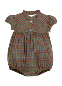Little English traditional children's clothing.  Short sleeve olive and maroon Thornhill Plaid bubble with ruffled collar and placket for baby girls
