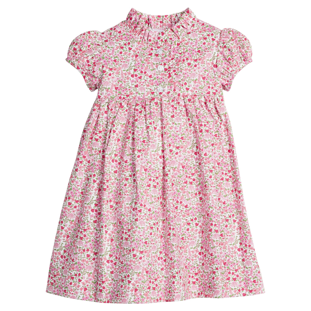 little english classic children's clothing, girls pink floral dress with capped sleeves and ruffled placket for fall 