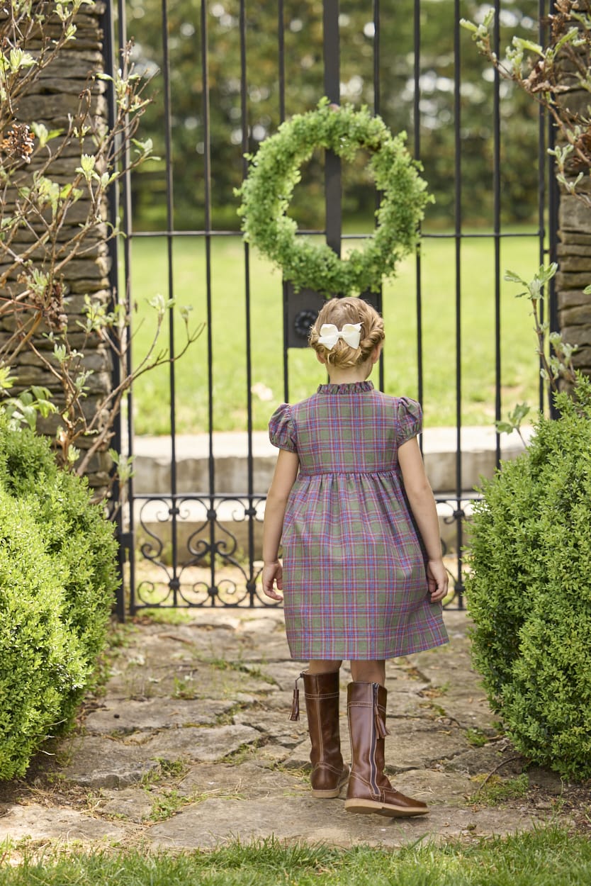 Little English traditional children's clothing. Capped sleeve dress in olive, maroon, and blue Thornhill Plaid with ruffled collar & placket for little girls