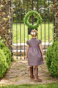 Little English traditional children's clothing. Capped sleeve dress in olive, maroon, and blue Thornhill Plaid with ruffled collar & placket for little girls