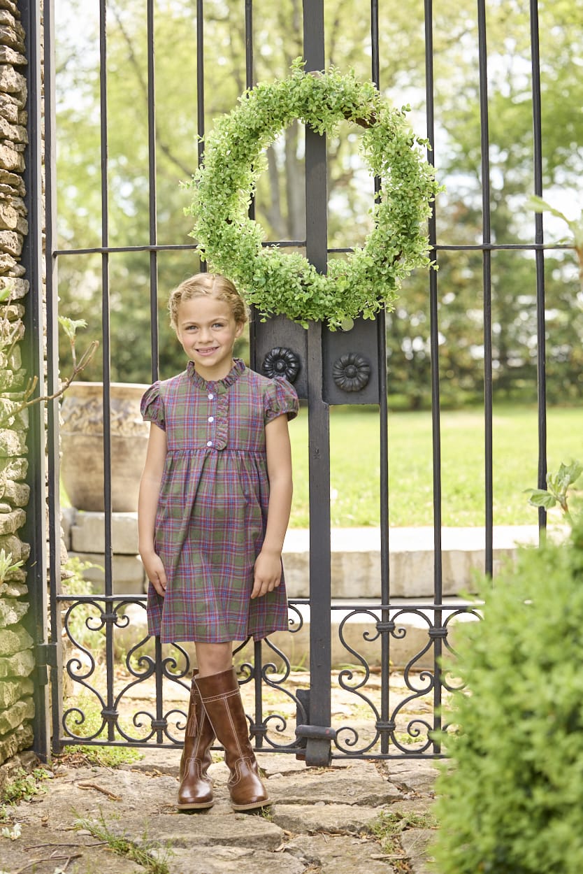 Little English traditional children's clothing. Capped sleeve dress in olive, maroon, and blue Thornhill Plaid with ruffled collar & placket for little girls