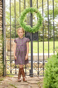 Little English traditional children's clothing. Capped sleeve dress in olive, maroon, and blue Thornhill Plaid with ruffled collar & placket for little girls