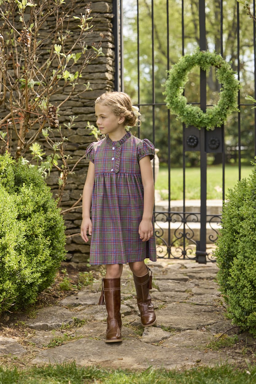 Little English traditional children's clothing. Capped sleeve dress in olive, maroon, and blue Thornhill Plaid with ruffled collar & placket for little girls