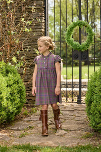 Little English traditional children's clothing. Capped sleeve dress in olive, maroon, and blue Thornhill Plaid with ruffled collar & placket for little girls