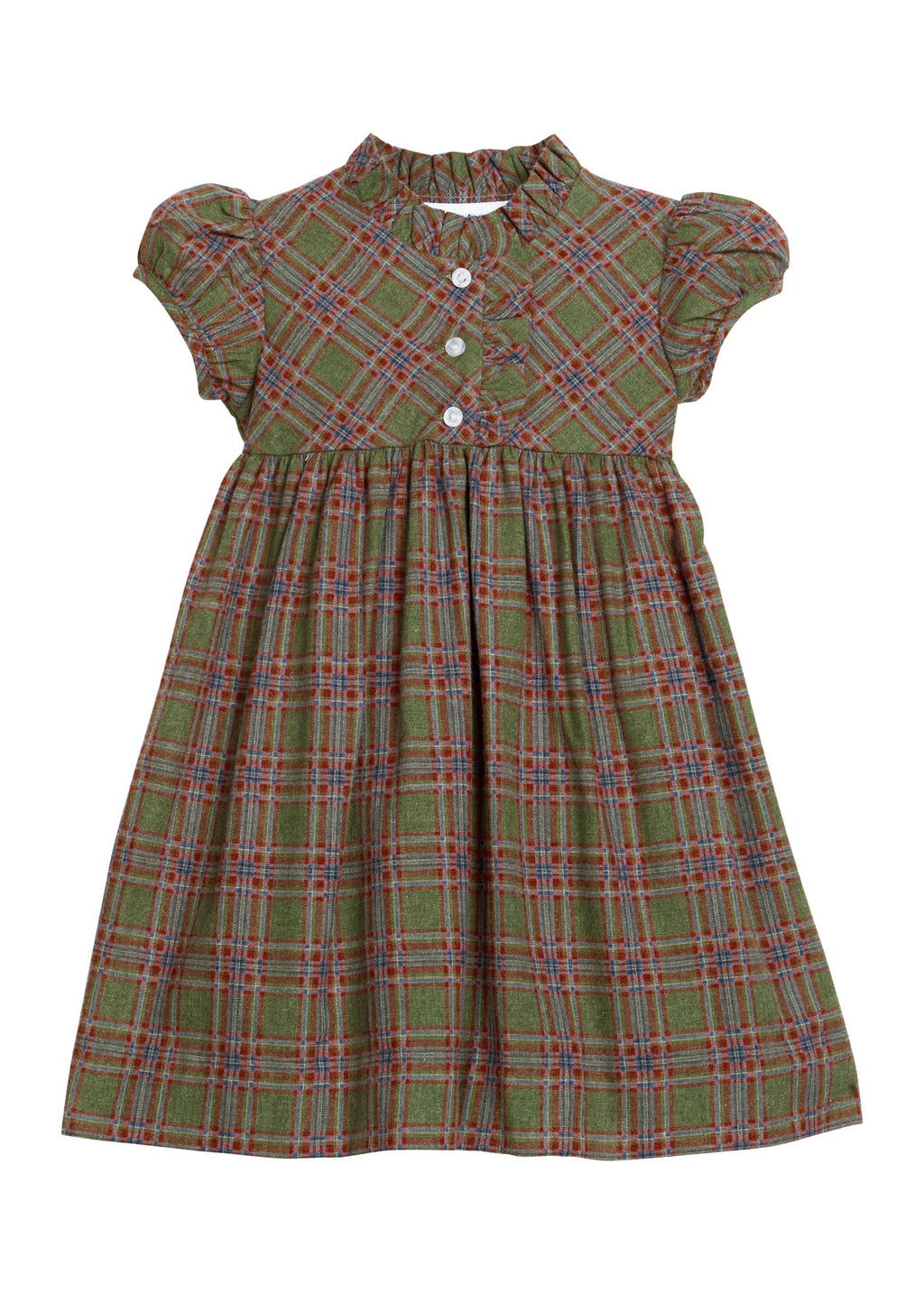 Little English traditional children's clothing.  Short sleeve olive and maroon Thornhill Plaid dress with ruffled collar and placket for little girls