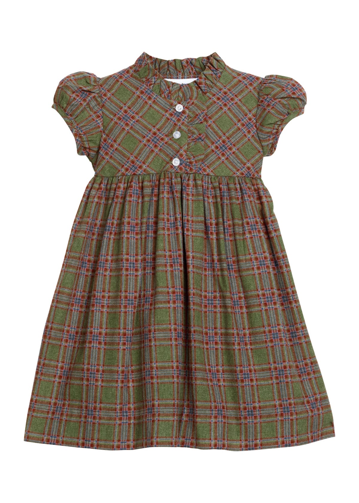 Little English traditional children's clothing.  Short sleeve olive and maroon Thornhill Plaid dress with ruffled collar and placket for little girls