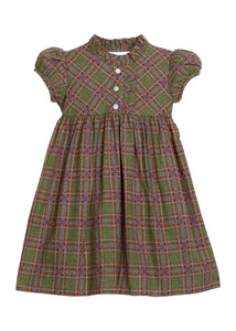 Little English traditional children's clothing.  Short sleeve olive and maroon Thornhill Plaid dress with ruffled collar and placket for little girls