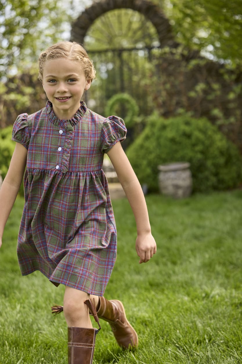 Little English traditional children's clothing. Capped sleeve dress in olive, maroon, and blue Thornhill Plaid with ruffled collar & placket for little girls