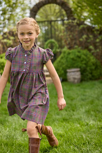 Little English traditional children's clothing. Capped sleeve dress in olive, maroon, and blue Thornhill Plaid with ruffled collar & placket for little girls