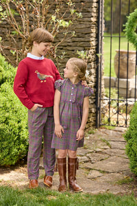 Little English traditional children's clothing. Capped sleeve dress in olive, maroon, and blue Thornhill Plaid with ruffled collar & placket for little girls