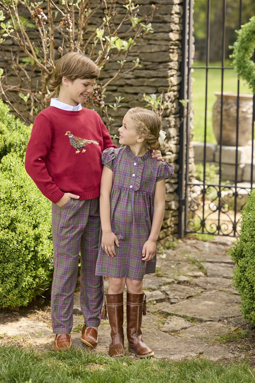 Little English traditional children's clothing. Maroon intarsia sweater with pheasant motif for boys for fall