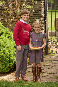 Little English traditional children's clothing. Capped sleeve dress in olive, maroon, and blue Thornhill Plaid with ruffled collar & placket for little girls
