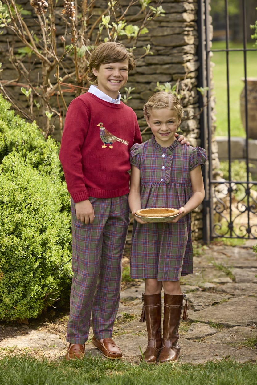 Little English traditional children's clothing. Maroon intarsia sweater with pheasant motif for boys for fall