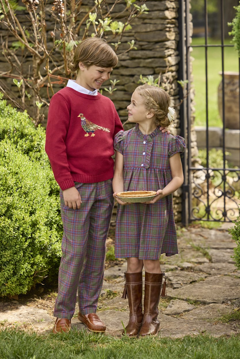 Little English traditional children's clothing. Capped sleeve dress in olive, maroon, and blue Thornhill Plaid with ruffled collar & placket for little girls