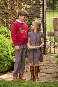 Little English traditional children's clothing. Olive, maroon, and blue Thornhill Plaid pants with faux button front for boys