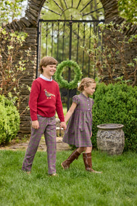 Little English traditional children's clothing. Capped sleeve dress in olive, maroon, and blue Thornhill Plaid with ruffled collar & placket for little girls