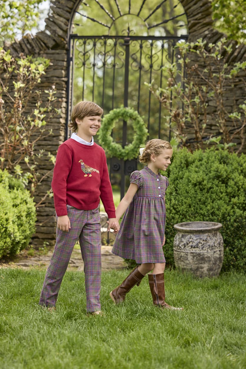 Little English traditional children's clothing. Maroon intarsia sweater with pheasant motif for boys for fall