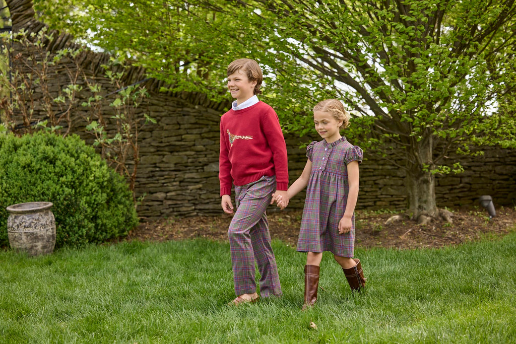 Little English traditional children's clothing. Capped sleeve dress in olive, maroon, and blue Thornhill Plaid with ruffled collar & placket for little girls