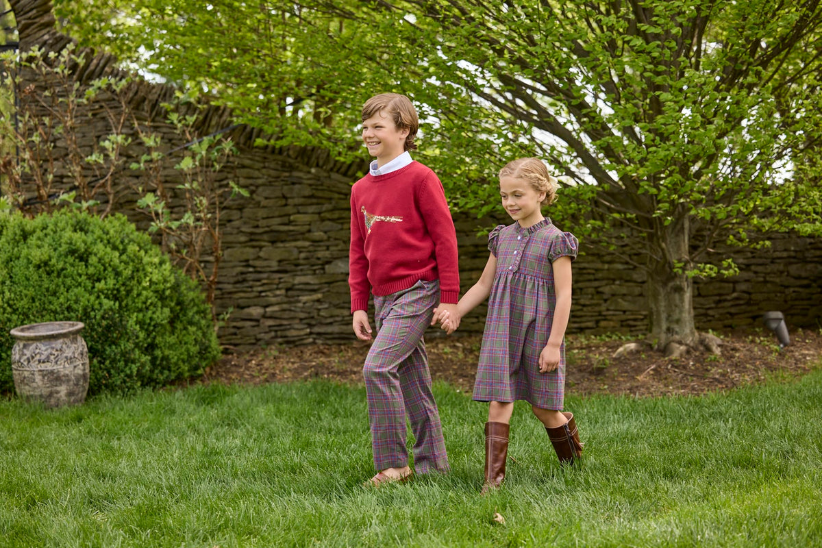 Little English traditional children's clothing. Olive, maroon, and blue Thornhill Plaid pants with faux button front for boys