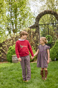 Little English traditional children's clothing. Olive, maroon, and blue Thornhill Plaid pants with faux button front for boys