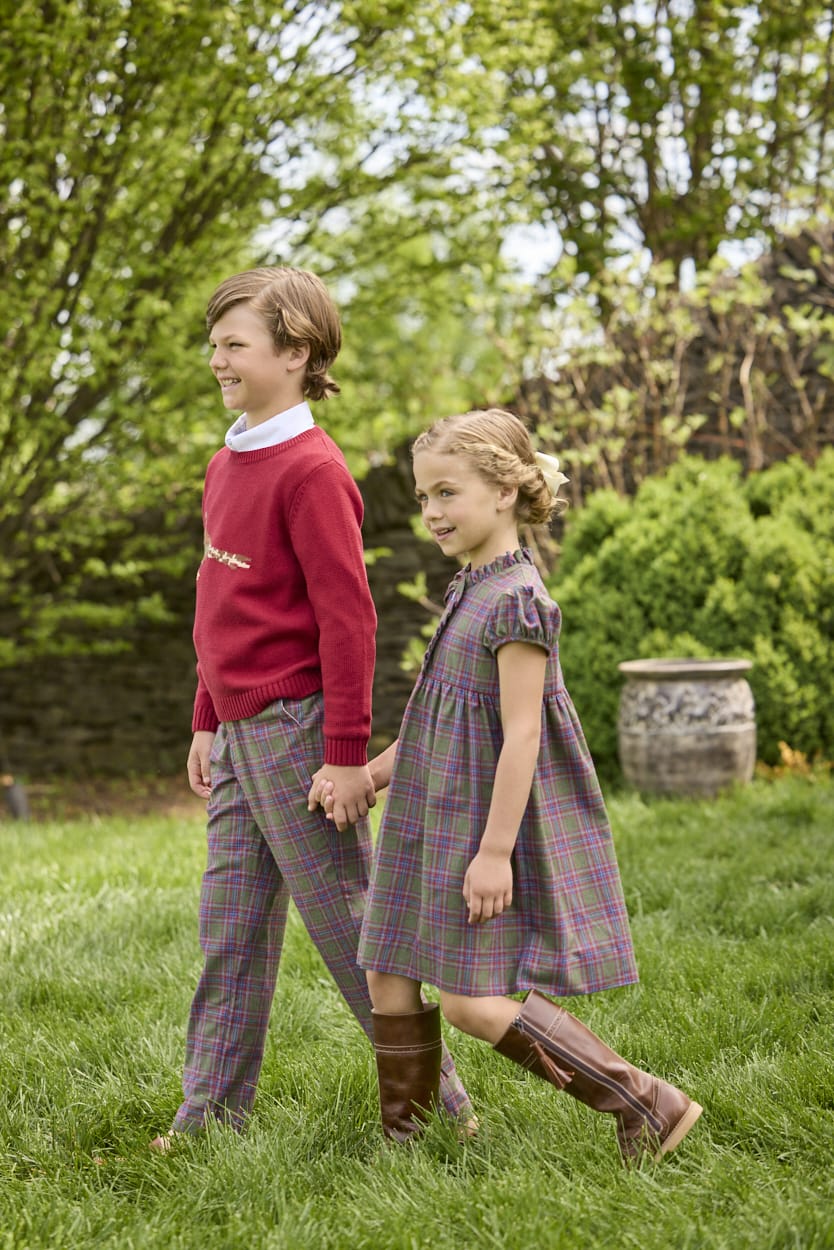 Little English traditional children's clothing. Capped sleeve dress in olive, maroon, and blue Thornhill Plaid with ruffled collar & placket for little girls
