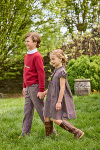 Little English traditional children's clothing. Capped sleeve dress in olive, maroon, and blue Thornhill Plaid with ruffled collar & placket for little girls