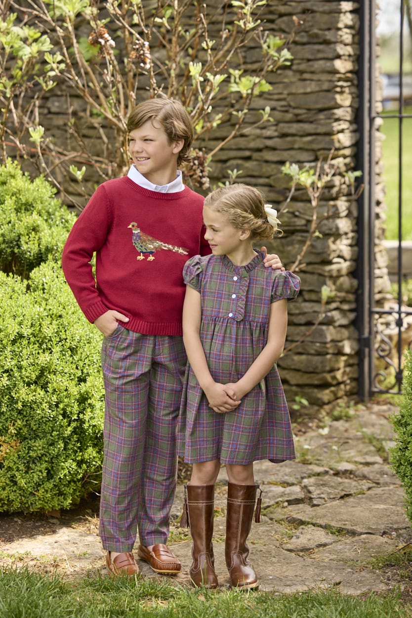 Little English traditional children's clothing. Capped sleeve dress in olive, maroon, and blue Thornhill Plaid with ruffled collar & placket for little girls