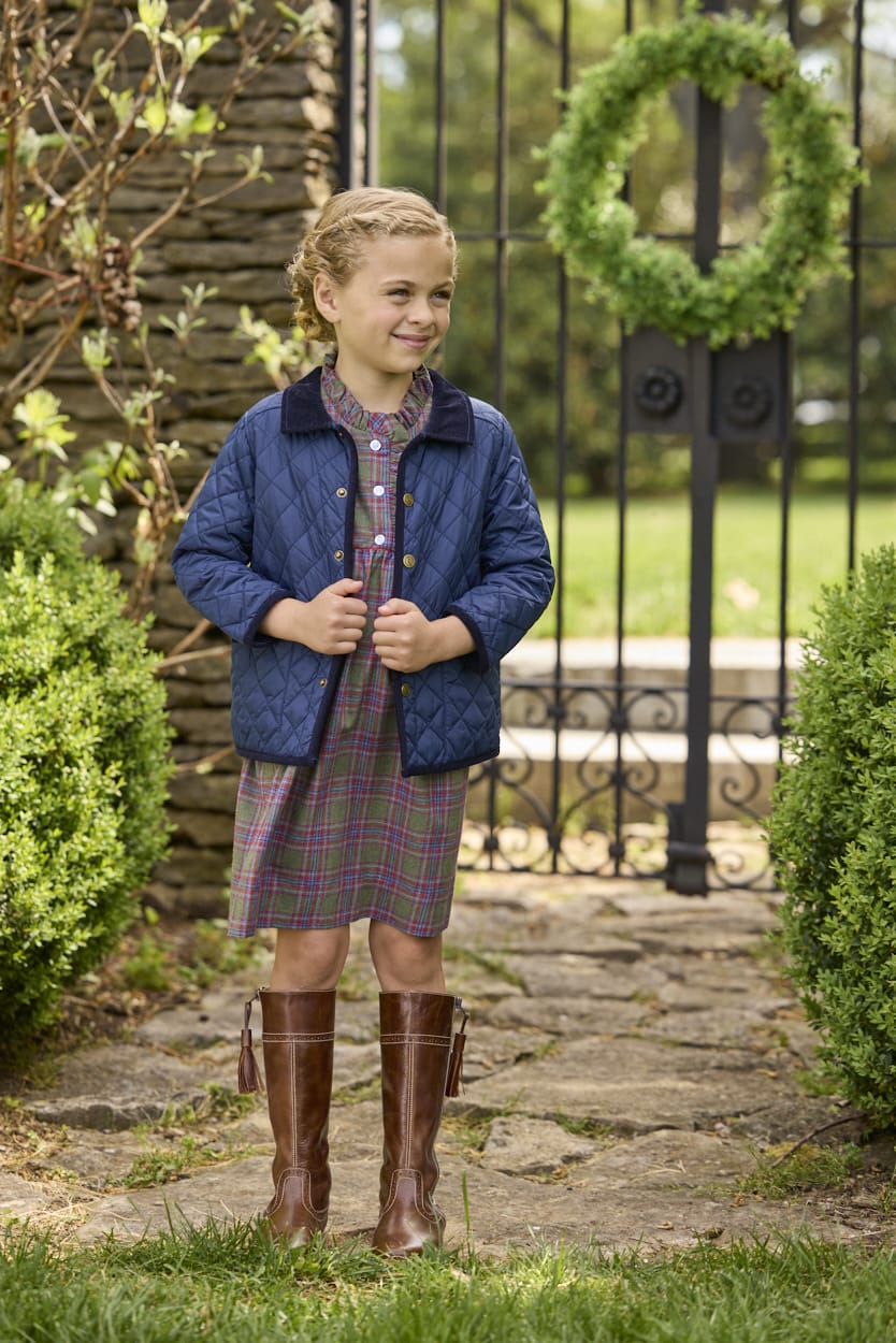 Little English traditional children's clothing. Capped sleeve dress in olive, maroon, and blue Thornhill Plaid with ruffled collar & placket for little girls