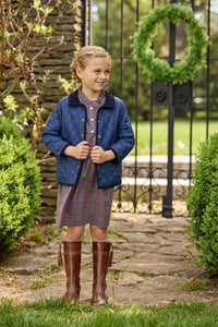 Little English traditional children's clothing. Capped sleeve dress in olive, maroon, and blue Thornhill Plaid with ruffled collar & placket for little girls