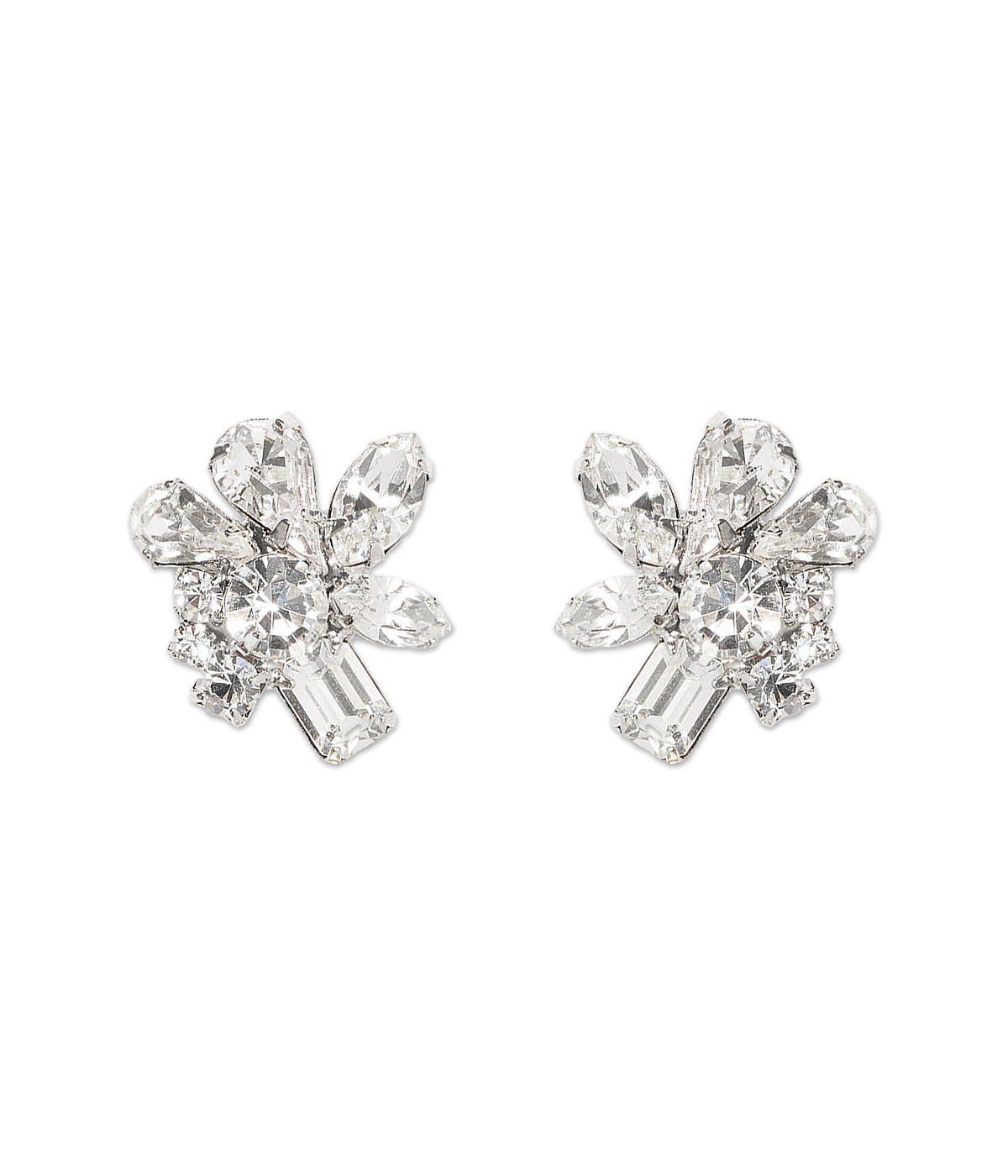 Front view of Birdie Earrings in Crystal showcasing hand-set crystal stones and a shiny silver finish over brass on a black background